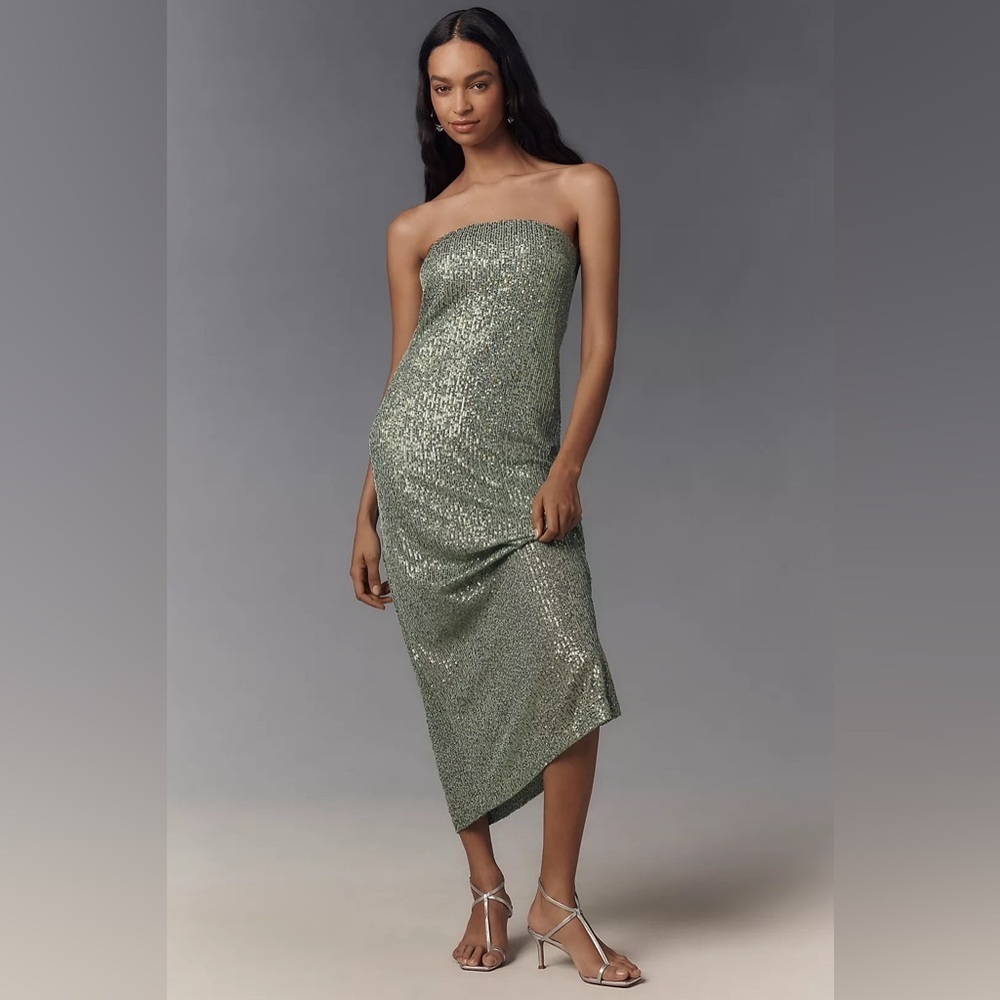 NWT!Anthro Moss Green The Fleur Strapless Satin Maxi Slip Dress: Sequin Edition🏆 - Picture 2 of 10